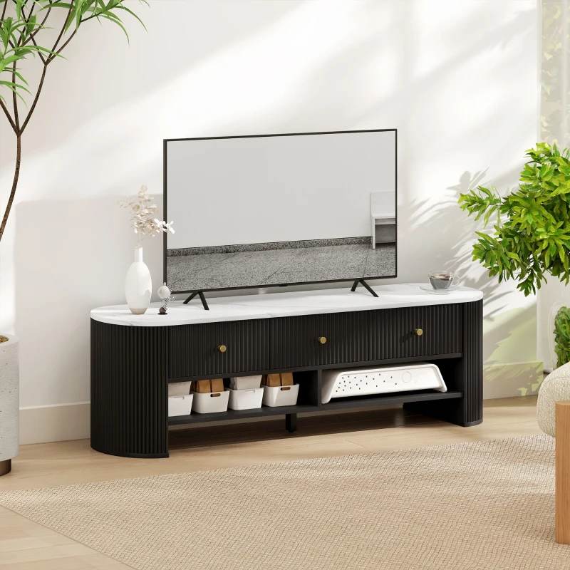 HOMCOM Móvel TV 140 cm Móvel para TV 165 cm Efeito Mármore com 3 Gavetas Frentes Caneladas 2 Prateleiras Preto