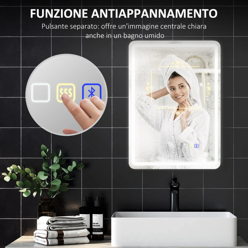 HOMCOM Specchio Bagno LED con Bluetooth, Illuminazione Regolabile e Funzione Memory, in Vetro Temperato, 70x50x3.5 cm