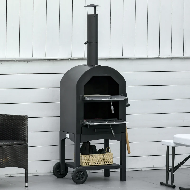 Outsunny Forno per Pizza e Barbecue a Carbone Portatile in Acciaio con Camino e Ruote, 63x54x161 cm, Nero