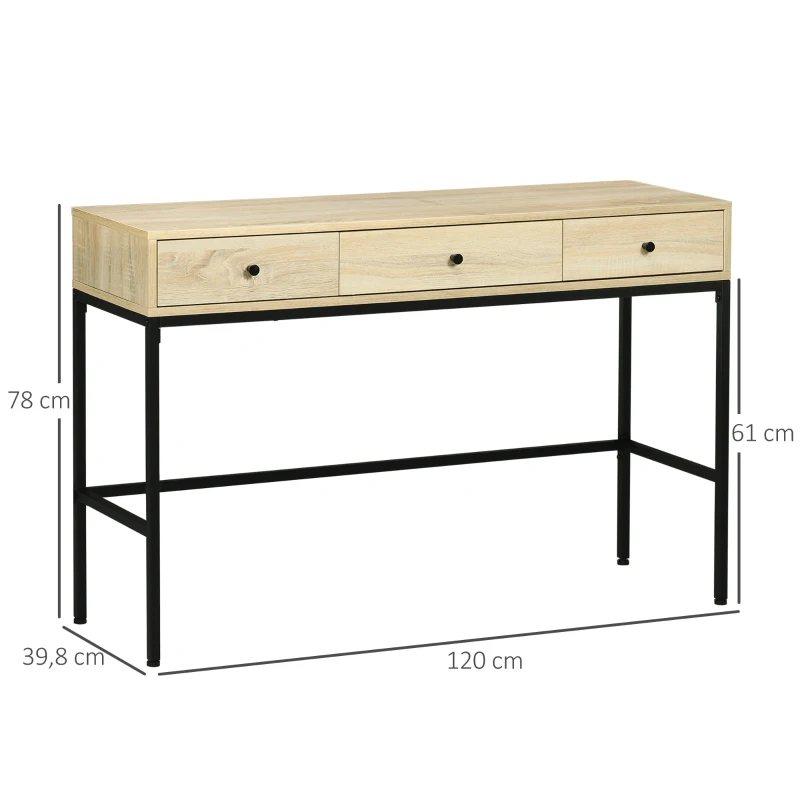 HOMCOM Table console table d'entrée structure en acier 3 tiroirs effet bois style industriel 120 x 39,8 x 78 cm naturel noir