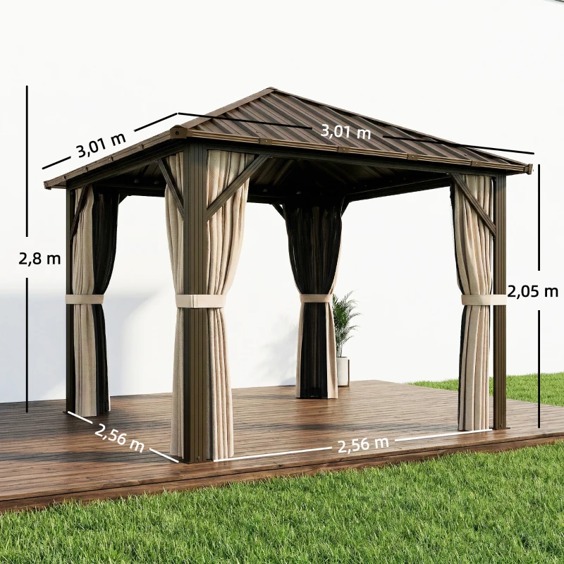 Outsunny Gartenpavillon ca. 3 x 3 m Aluminium Pavillon mit Stahldach Hardtop Moskitonetz 4 Seitenteile, UPF50+