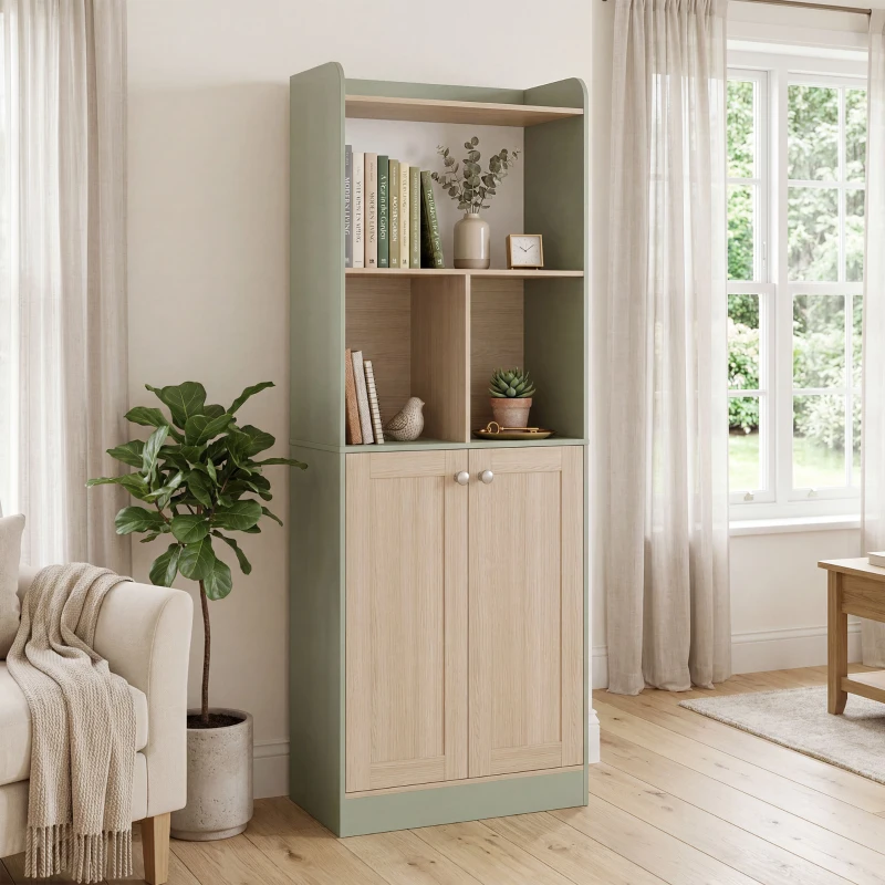 HOMCOM Bibliothèque à 5 niveaux, meuble de rangement, étagère à livres avec 2 portes, 60 x 30 x 161,2 cm vert et bois naturel