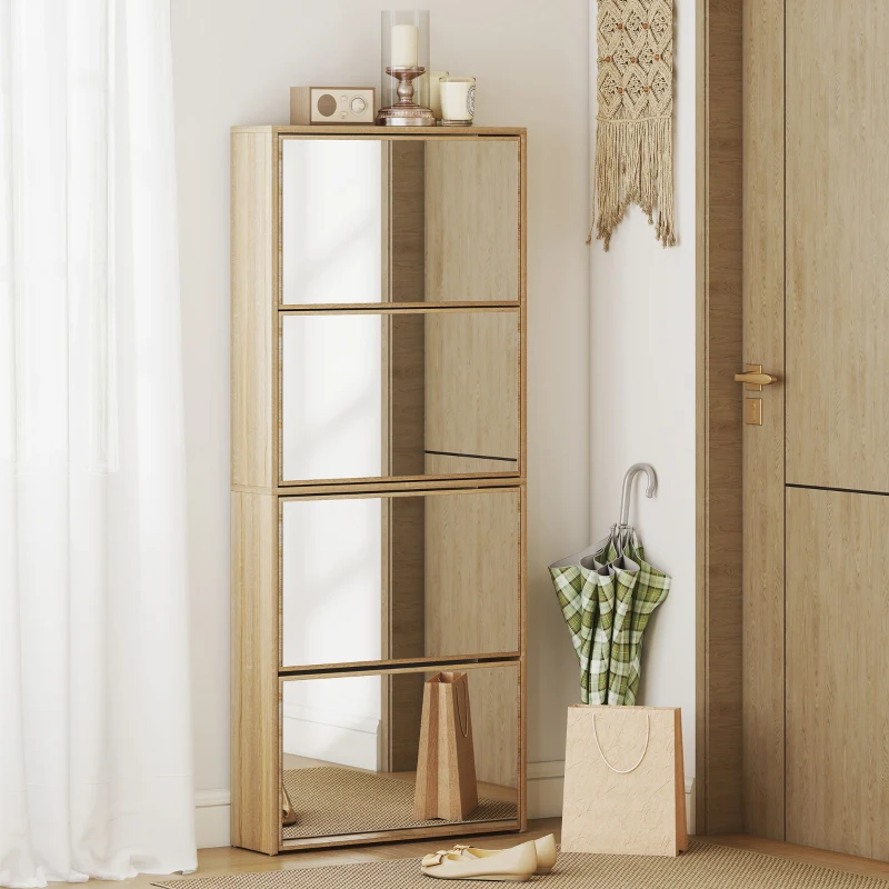 HOMCOM Zapatero Estrecho con Espejo y 4 Puertas Abatibles para 12  Pares de Zapatos 63x17x146 cm Natural