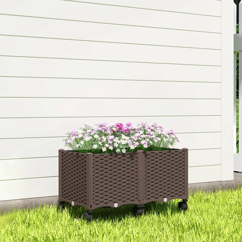 Outsunny Fioriera Rialzata da 85L con Ruote Bloccabili, Autoirrigazione e Fori di Drenaggio, Marrone