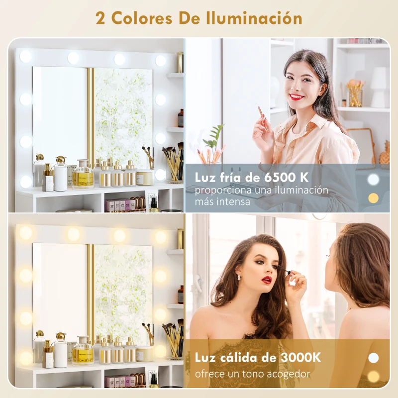 HOMCOM Tocador de Maquillaje con Luces LED y Taburete Espejo 10 Bombillas Cajón Estantes Compartimentos Blanco