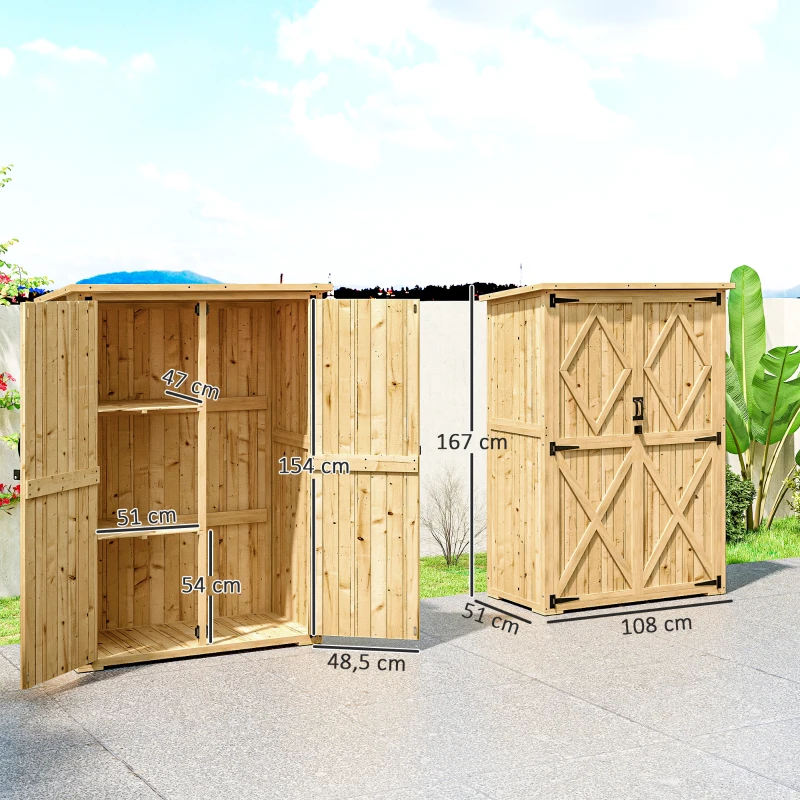 Outsunny Abrigo de armazenamento para jardim, casinha de madeira para ferramentas e equipamentos de jardim, telhado de betume, portas duplas, madeira de abeto, castanho claro