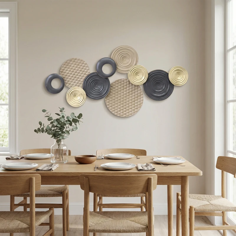 HOMCOM Décoration murale en métal, sculpture murale en métal, design unique à plusieurs disques, 100 x 50 cm, kaki et noir