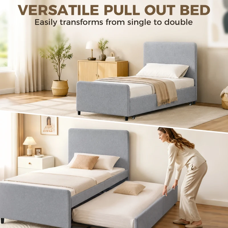 HOMCOM 3ft Single Bed Frame with Trundle, Upholstered Pull Out Trundle Bed with Headboard and Footboard, Light Grey