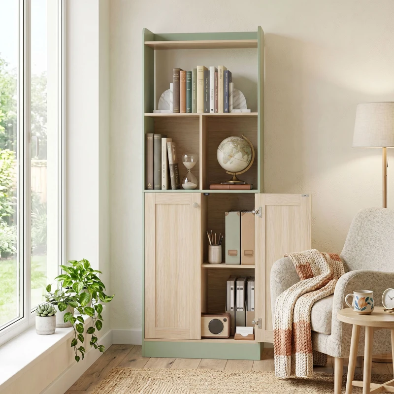 HOMCOM Bibliothèque à 5 niveaux, meuble de rangement, étagère à livres avec 2 portes, 60 x 30 x 161,2 cm vert et bois naturel