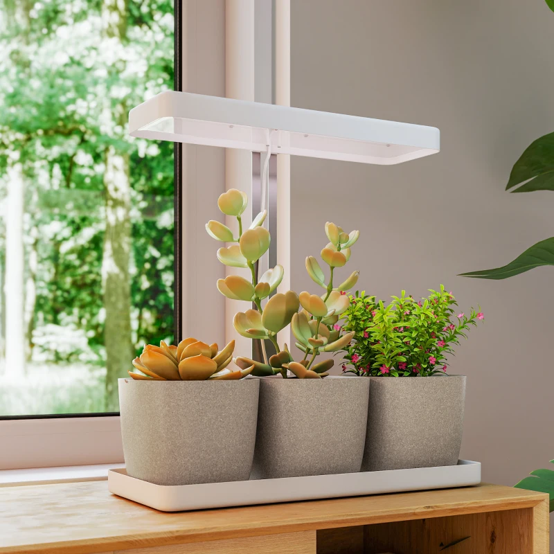 Outsunny Lămpi pentru Plante cu 42 de Lămpi LED, 3 Ghivece, Temporizator și Iluminare Reglabilă, 45x18,8x47,8 cm, Alb