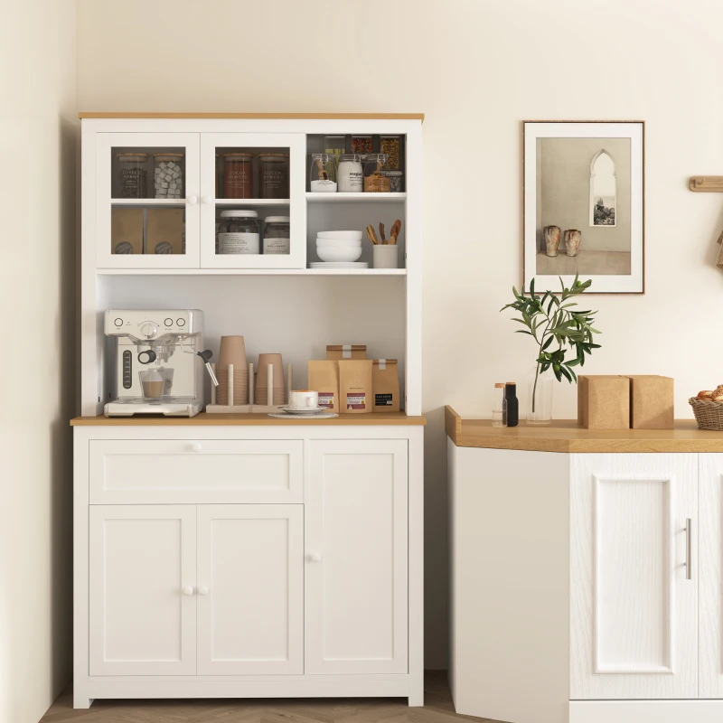 HOMCOM Armário de cozinha estilo rústico, 1 vitrine, 1 prateleira aberta, 1 gaveta, 2 armários, natural + branco