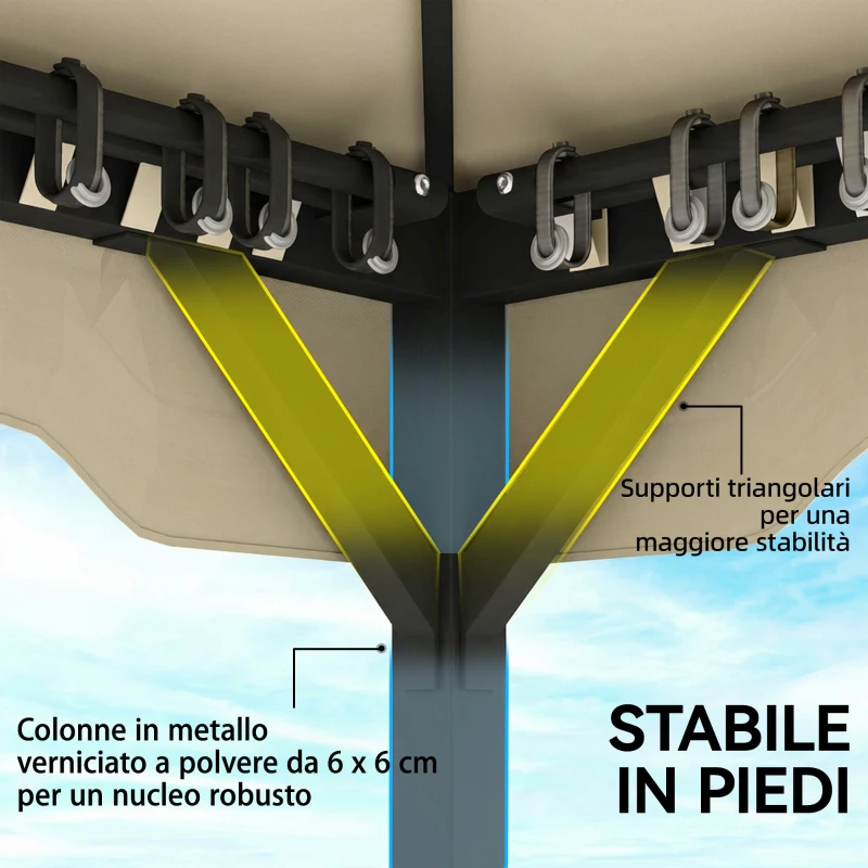 Outsunny Gazebo da Giardino 3x3.6 m con Doppio Tetto, Tende e Zanzariera, in Metallo e Poliestere Cachi
