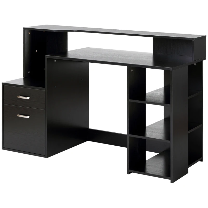 HOMCOM Secretária para computador com 2 gavetas, secretária com arrumação, 137 x 55 x 92 cm, prateleiras abertas e bandeja para impressora, estilo moderno, mesa para computador para quarto, estúdio, preto