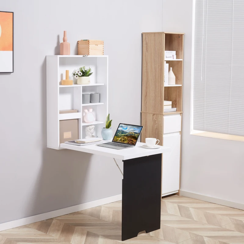 HOMCOM Wandschreibtisch, klappbare Tischplatte, 5 Fächer, 60x94,5x147cm, Schwarz/Weiß