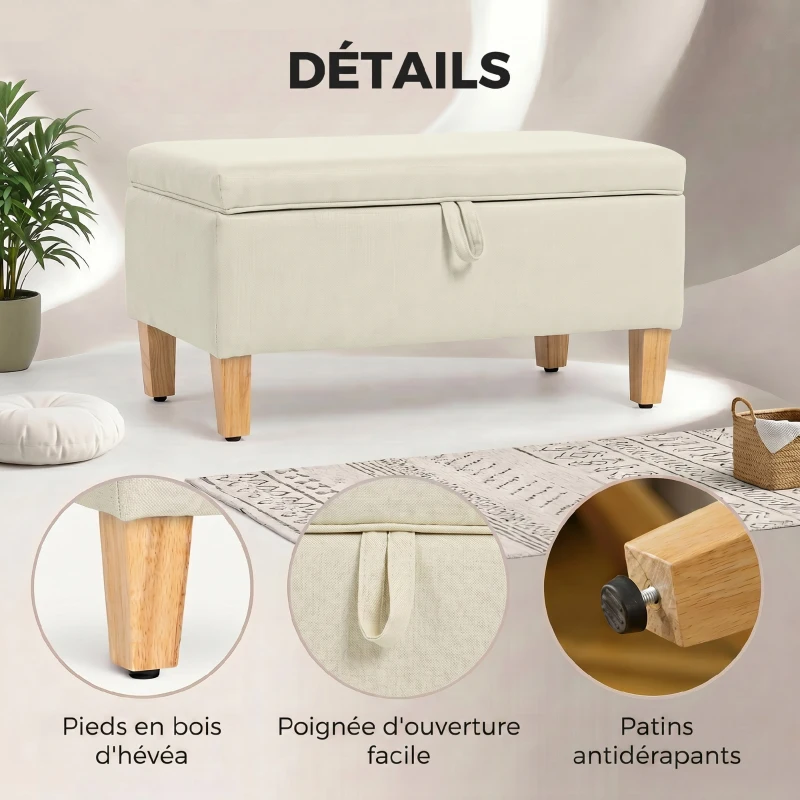 HOMCOM Banc de rangement, bout de lit, repose-pieds rembourré en lin avec pieds en bois de caoutchouc, 71x37x36cm, beige