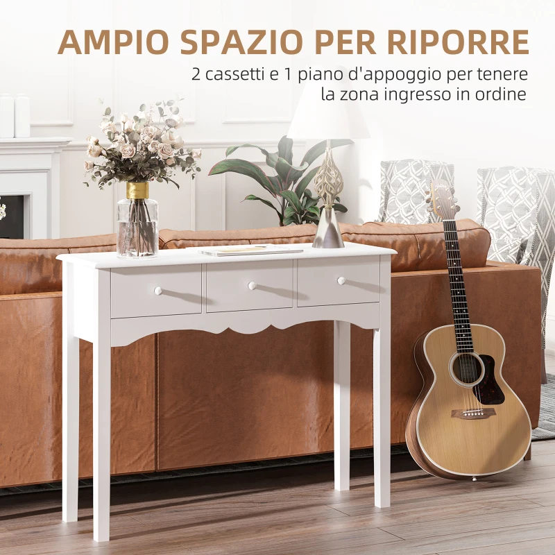 HOMCOM Tavolo Consolle Moderno da Ingresso in MDF con 3 Cassetti, 100x32x85 cm, Bianco