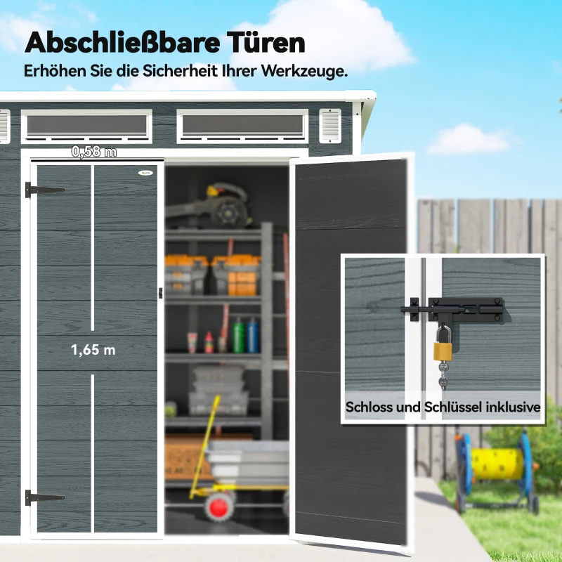 Outsunny Gerätehaus 2,89 m², Geräteschuppen mit Holzoptik 3 Fenster Doppeltür Belüftung Boden Schloss, 182 x 182 x 196 cm