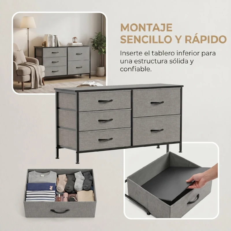 HOMCOM Cómoda con 5 Cajones de Tela Cómoda para Dormitorio Marco de Acero Cajonera para Salón Oficina Gris Oscuro y Negro