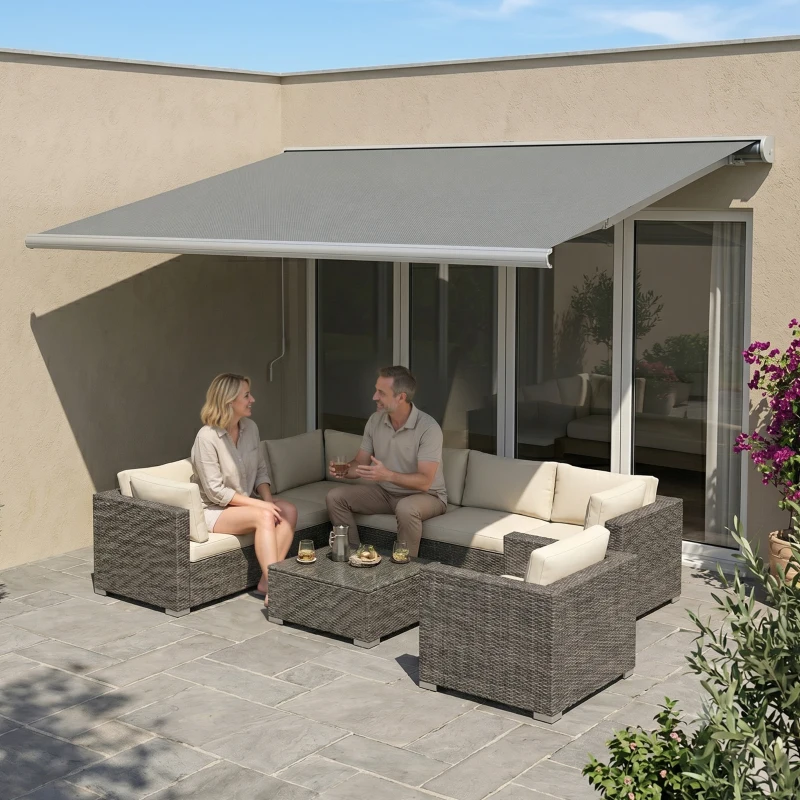 Outsunny 4x3m Full Cassette Electric/Manual Retractable Awning with LED Light and Remote Controller, Sun Canopies for Patio Door Window, Grey