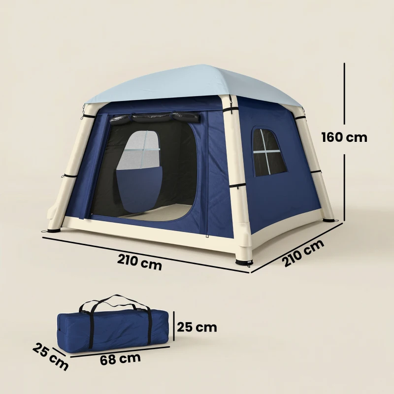Outsunny Inflatable Camping Tent with Hand Pump, Easy Setup 1/2 Person Blackout Blow Up Tent, Dark Blue
