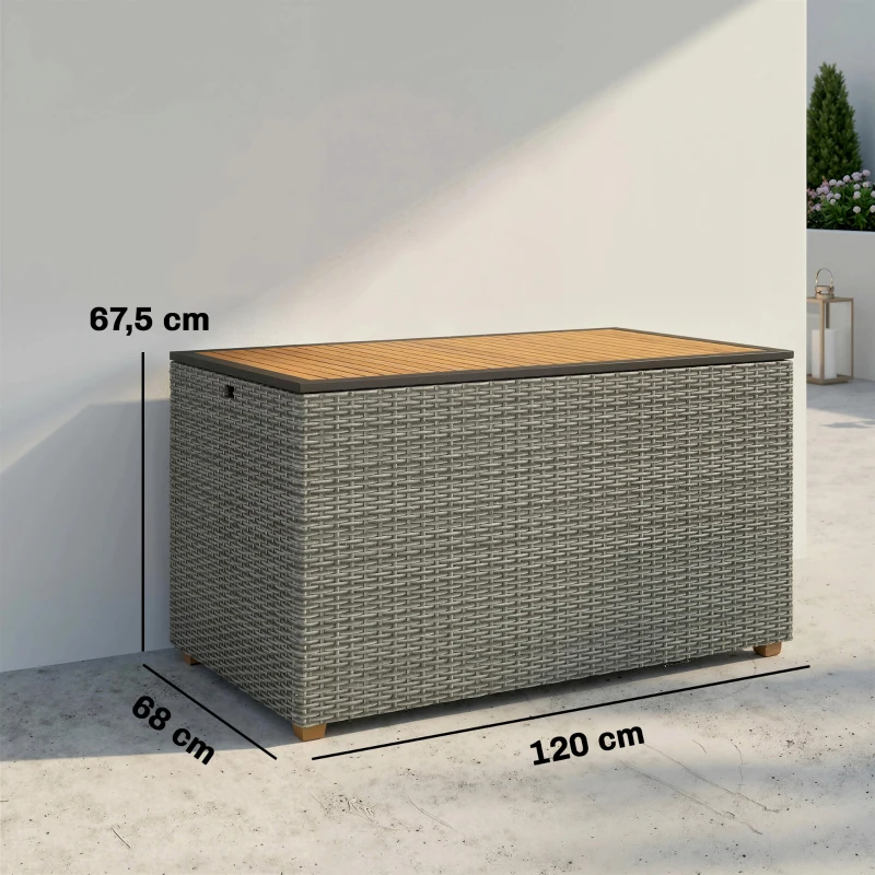 Outsunny Gartenbox 450 L Polyrattan wasserdicht Auflagenbox mit FSC-Holz-Deckel Gasdruckfedern Innenfutter