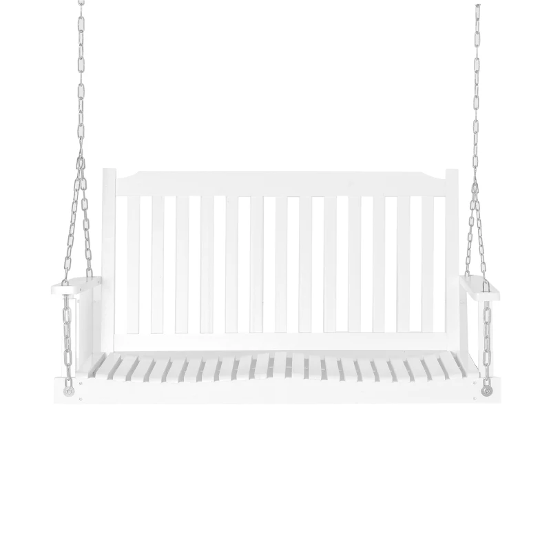 Outsunny Banc Suspendu 2 Places dim. 117L x 69l x 60H m Assise Haut Dossier à Lattes chaînes Suspension incluses Bois Sapin traité Peint Blanc