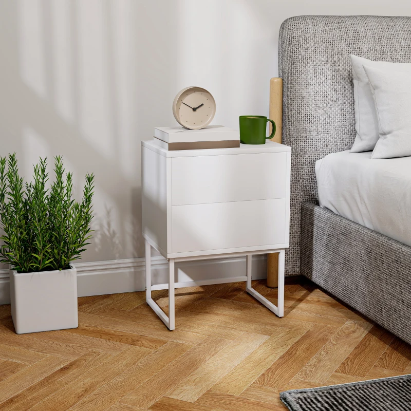 HOMCOM Comodino Moderno a 2 Cassetti con Apertura a Pressione, MDF e Acciaio, 40x30x50 cm, Bianco