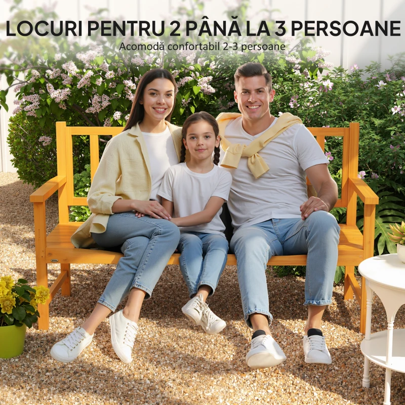 Outsunny Bancă de Grădină pentru 2-3 Persoane din Lemn de Pin, Bancă de Exterior cu Măsuță Rabatabilă și Brațe, pentru Balcon, Terasă și Grădină, 153x56x91 cm, Maro Deschis