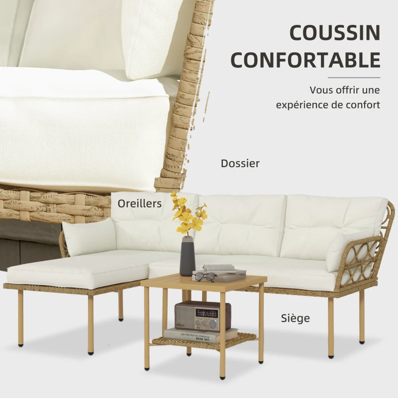 Outsunny Salon de jardin d'angle 4 pers. 3 pièces avec 1 table basse coussins grand confort inclus résine tressée crème