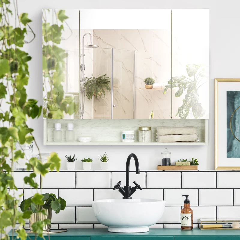 kleankin Armario de Baño con Espejo 3 Puertas Estante Ajustable y Compartimento 90x15x75 cm Blanco