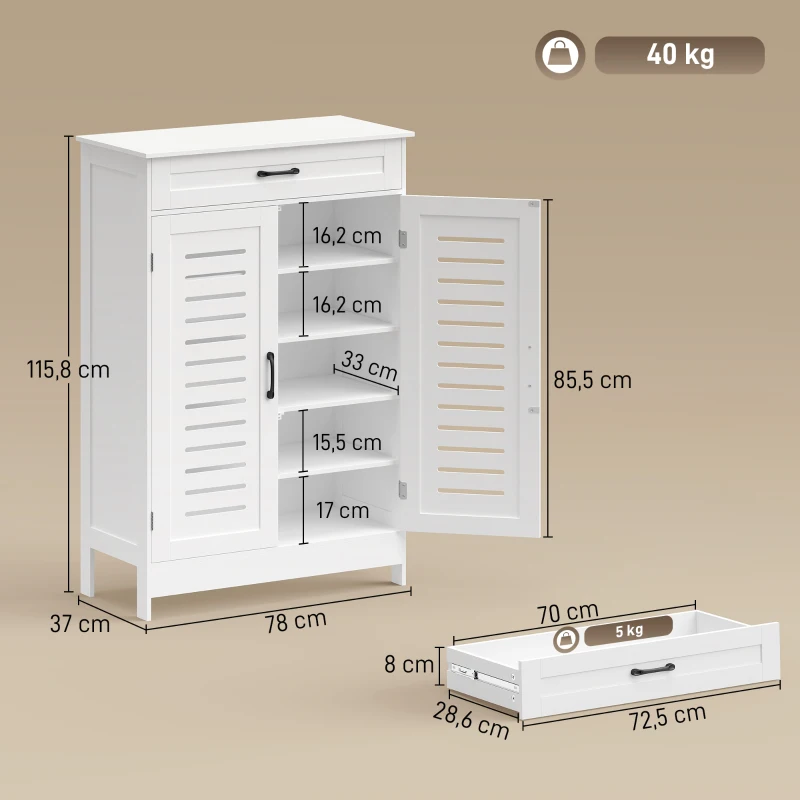 HOMCOM Meuble à chaussures 20 paires, armoire à chaussures avec 2 portes persiennes, tiroir et étagères réglables, blanc