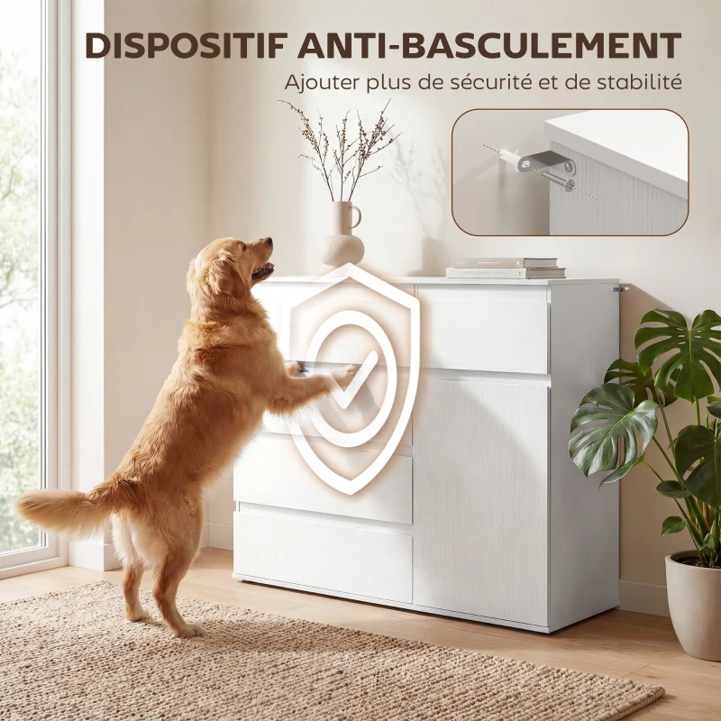 HOMCOM Commode 5 tiroirs, buffet salon, meuble de rangement, étagère réglable et porte à fermeture douce, 100x40x80cm, blanc
