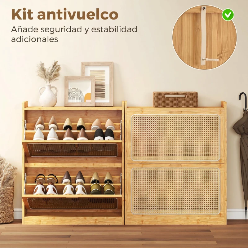 HOMCOM Zapatero Estrecho de Bambú con 2 Cajones Abatibles de Ratán para 12-14 Pares de Zapatos 69x29x83 cm Natural