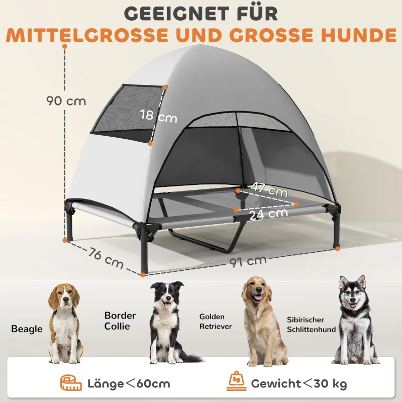 PawHut Cama Exterior para Cães com Dossel Cama Elevada para Cães Grandes 91x76x90 cm Cinza Claro