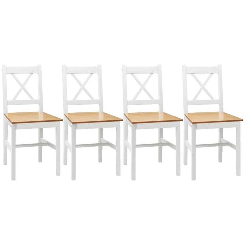 HOMCOM Lot de 4 chaises de salle à manger en bois massif chaise de cuisine esprit campagne dossier croisé blanc et chêne