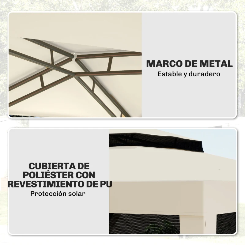Outsunny Carpa de Jardín 3x3 m Cenador Gazebo con 4 Mosquiteras Laterales Techo Doble 8 Orificios de Drenaje Marco de Metal Beige