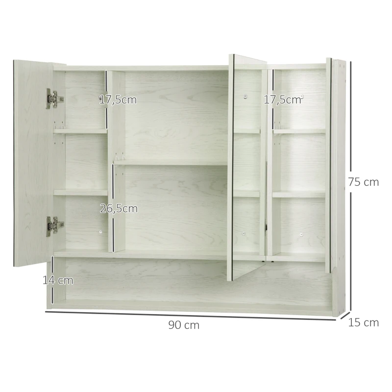 kleankin Armario de Baño con Espejo 3 Puertas Estante Ajustable y Compartimento 90x15x75 cm Blanco