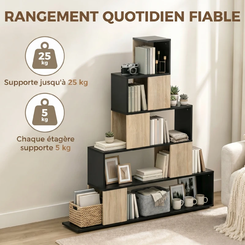 HOMCOM Étagère de rangement, bibliothèque géométrique à 5 niveaux, pour bureau, salon, chambre, noir et bois naturel
