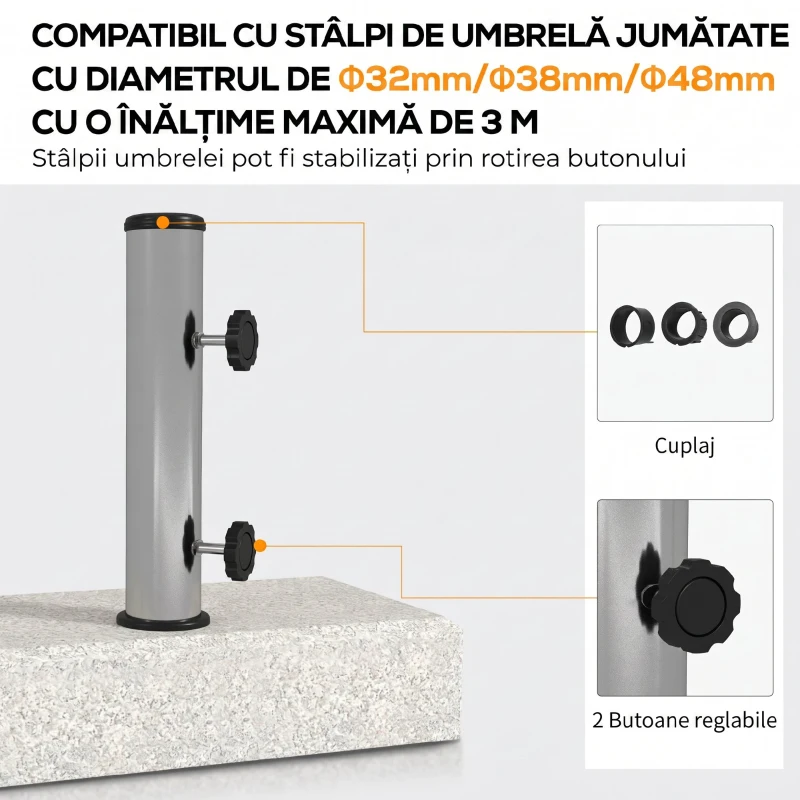 Outsunny Bază pentru umbrelă de grădină 25kg pentru tije de Ø32mm, Ø38mm și Ø48mm, din granit și oțel inoxidabil, 45x22.5x40 cm, gri