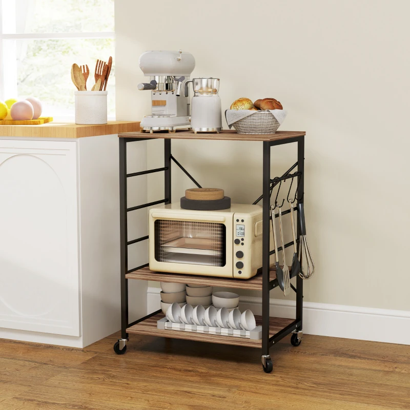 HOMCOM Scaffale da Cucina a 3 Livelli Stile Industriale con Ruote e 4 Ganci, Struttura in Acciaio, 60x40x84 cm, Teak