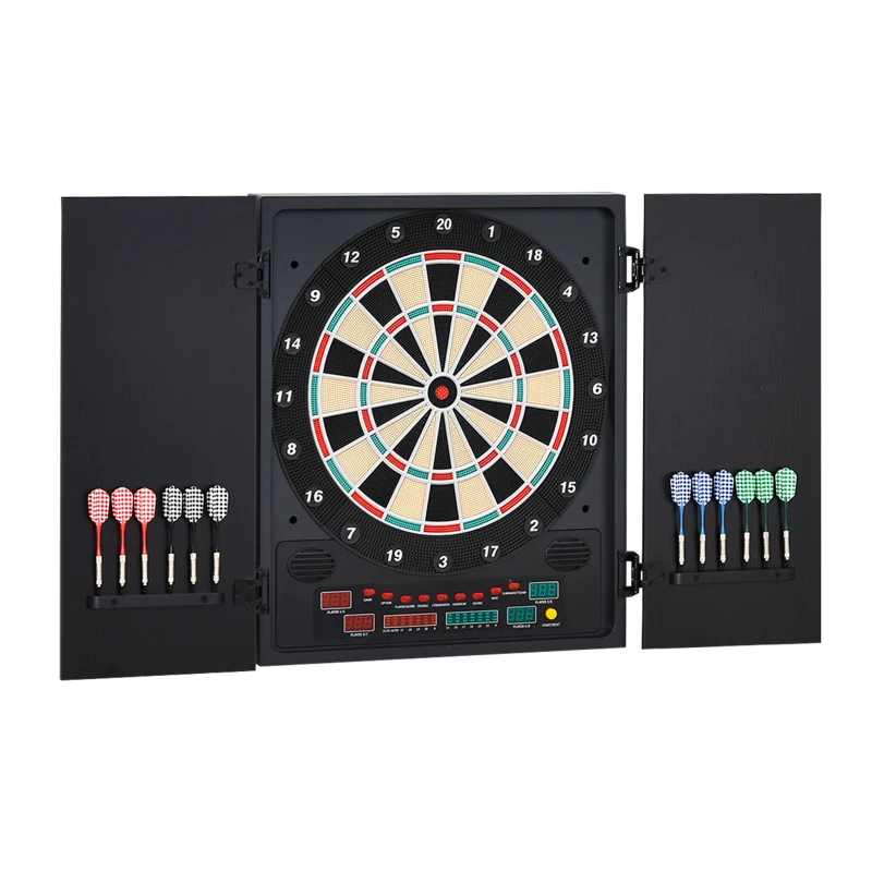 HOMCOM Electronic Dartboard Set, 27 Games Modes and 202 Variations, LED & 12 Soft Tip Darts and Cabinet to Storage, Ready-to-Play Multi-Game Option Darts Machine