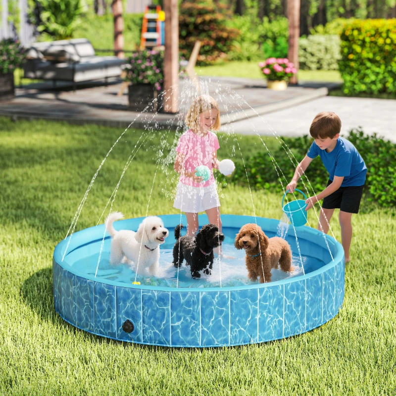 PawHut Hundepool Faltbar Planschbecken mit Brunnen- und Wasserpolsterdesign Ø160 x 30 cm Blau