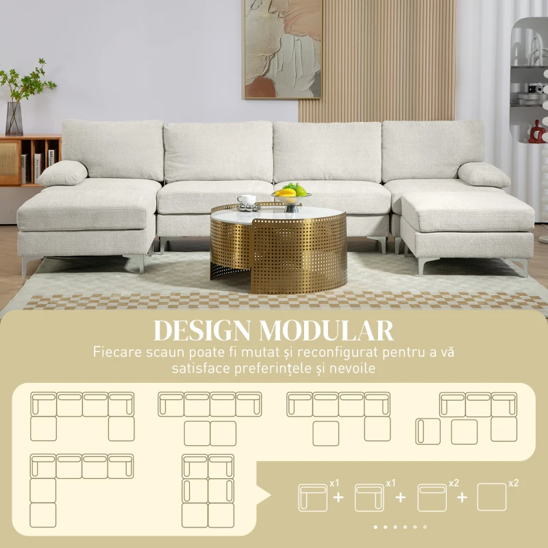 HOMCOM Canapea Modulară 4 Piese cu Suport pentru Picioare și Perne, din Țesătură Chenille, 313x149x88 cm, Crem(m-4)