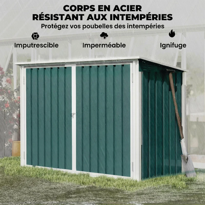 Outsunny Cache Poubelle Extérieur en Acier Galvanisé pour 2 Poubelles, Double Porte, Couvercle Pneumatique, 180x108x130cm, Vert
