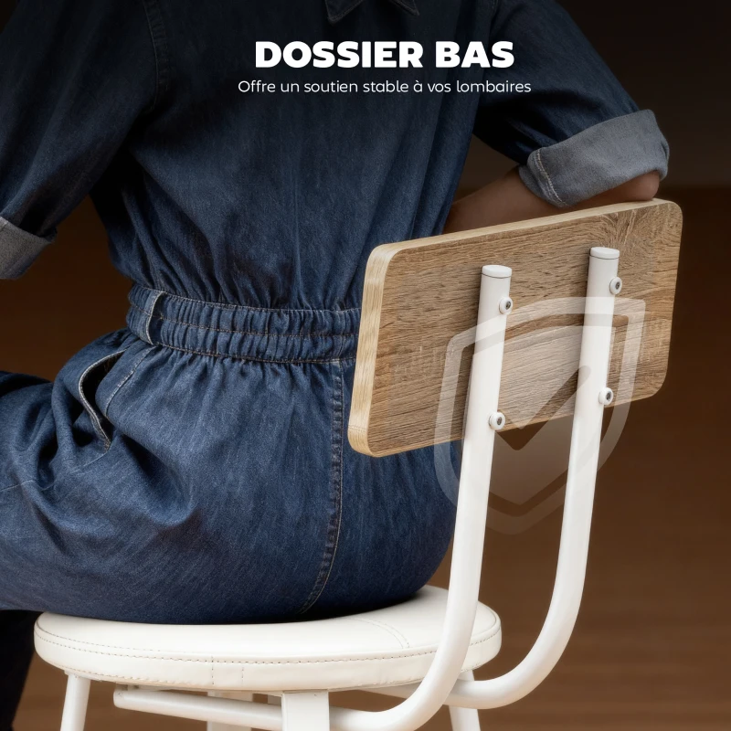 HOMCOM Lot de 2 tabourets de bar, chaises de bar, assise rembourrée 75,5H cm, dossier et repose-pieds, bois naturel et blanc