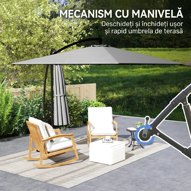 Outsunny Umbrelă de grădină suspendată 2,5x2,5 m cu manivelă, înclinabilă și rotativă cu husă, gri