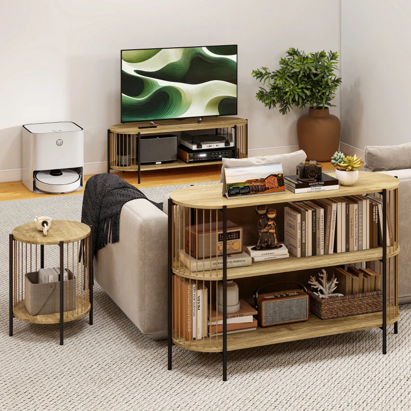HOMCOM Mueble de TV Estilo Bohemio hasta 55 Pulgadas con Diseño en Cuerda de Papel y 2 Estantes Abiertos 124x43,5x41 cm Natural
