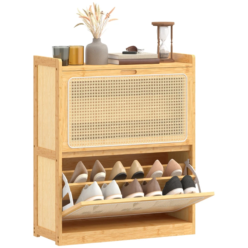 HOMCOM Meuble à chaussures 14 paires, armoire à chaussures 2 tiroirs rabattables, étagères réglables, 69x29x83cm, bois naturel