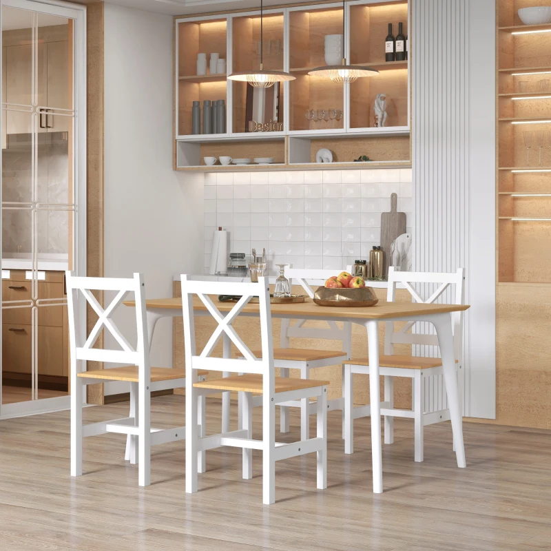 HOMCOM Lot de 4 chaises de salle à manger en bois massif chaise de cuisine esprit campagne dossier croisé blanc et chêne