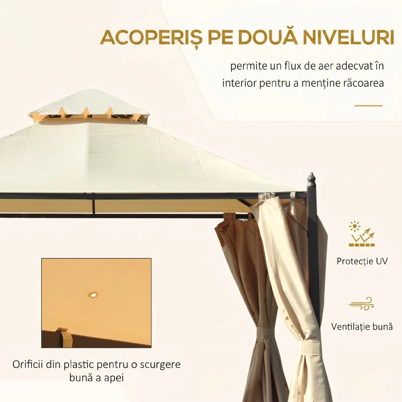 Outsunny Gazebo de Grădină 3x3m cu 4 Perdele Laterale și Acoperiș Dublu Bej